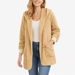 Cozy Tan Teddy Sherpa Hooded Open Front Cardigan Jacket 2XL